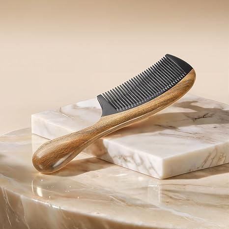 Natural Solid Wood Fine-Tooth Comb with Handle – Anti-Static Hair Grooming and Scalp Massage Comb
