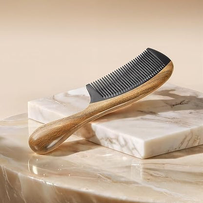 Natural Solid Wood Fine-Tooth Comb with Handle – Anti-Static Hair Grooming and Scalp Massage Comb