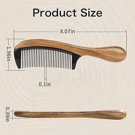 Natural Solid Wood Fine-Tooth Comb with Handle – Anti-Static Hair Grooming and Scalp Massage Comb