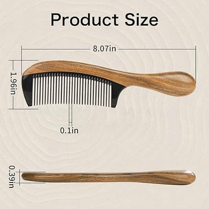 Natural Solid Wood Fine-Tooth Comb with Handle – Anti-Static Hair Grooming and Scalp Massage Comb