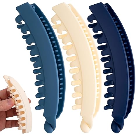 3pcs Banana Hair Clips, Non-Slip Large Hairstyle Claws for Women, Vintage 90 Style Double Combs Hairpin Accessories for Thick Thin Fine Curly Straight Long Hair- Dark Blue & Blue & White
