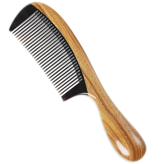Natural Solid Wood Fine-Tooth Comb with Handle – Anti-Static Hair Grooming and Scalp Massage Comb