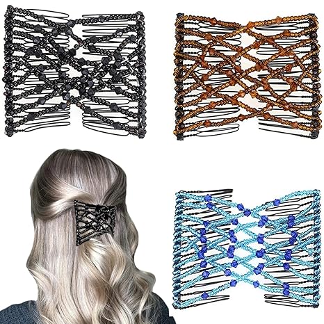 3 Pieces Elastic Magic Hair Comb Clips Stretchy Double Comb Hair Forks for Women Girls Vintage Hairstyle Multipurpose Hair Accessories (Bead Style-Blue Brown Black)